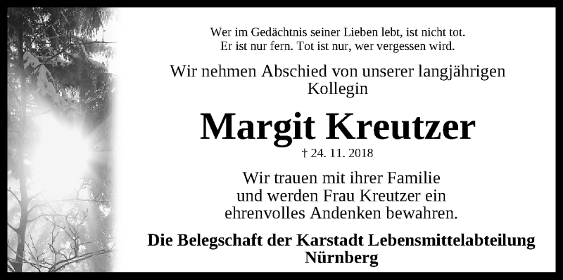  Traueranzeige für Margit Kreutzer vom 05.12.2018 aus Gesamtausgabe Nürnberger Nachrichten/ Nürnberger Ztg.