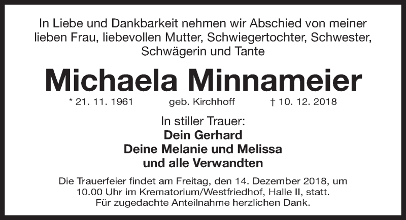  Traueranzeige für Michaela Minnameier vom 12.12.2018 aus Gesamtausgabe Nürnberger Nachrichten/ Nürnberger Ztg.