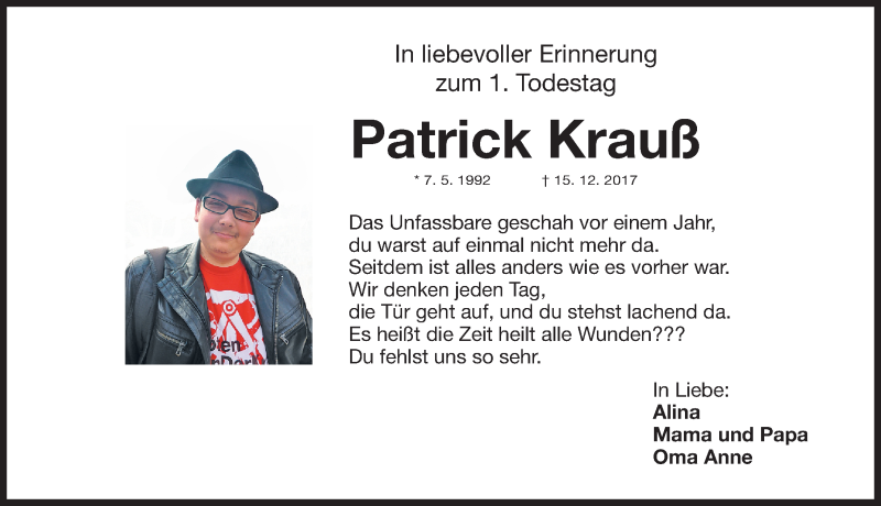  Traueranzeige für Patrick Krauß vom 15.12.2018 aus Fürther Nachrichten Lokal