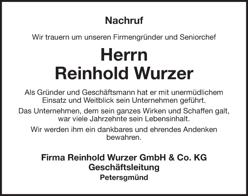  Traueranzeige für Reinhold Wurzer vom 17.12.2018 aus Roth-Hilpoltsteiner Volkszeitung Lokal