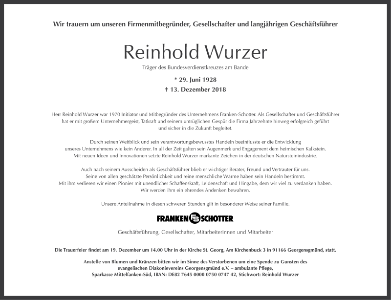  Traueranzeige für Reinhold Wurzer vom 18.12.2018 aus Roth-Hilpoltsteiner Volkszeitung Lokal