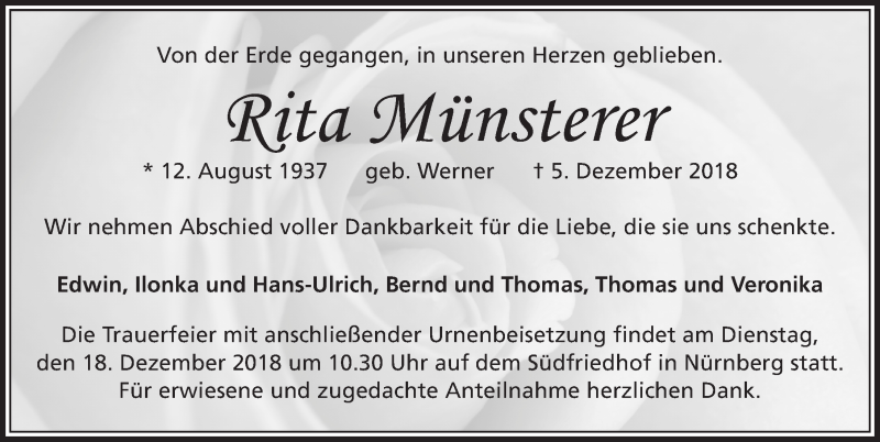  Traueranzeige für Rita Münsterer vom 15.12.2018 aus Gesamtausgabe Nürnberger Nachrichten/ Nürnberger Ztg.