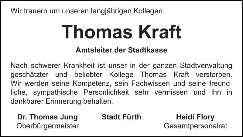  Traueranzeige für Thomas Kraft vom 19.12.2018 aus Fürther Nachrichten Lokal