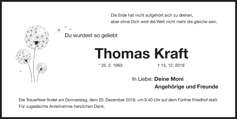  Traueranzeige für Thomas Kraft vom 17.12.2018 aus Fürther Nachrichten Lokal