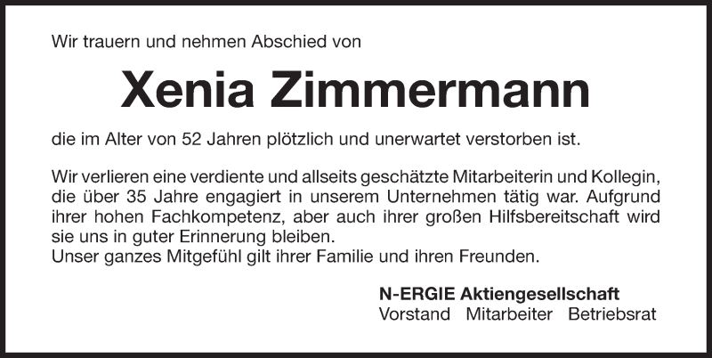  Traueranzeige für Xenia Zimmermann vom 31.12.2018 aus Fürther Nachrichten Lokal