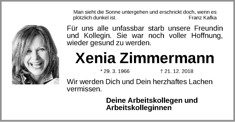  Traueranzeige für Xenia Zimmermann vom 29.12.2018 aus Gesamtausgabe Nürnberger Nachrichten/ Nürnberger Ztg.