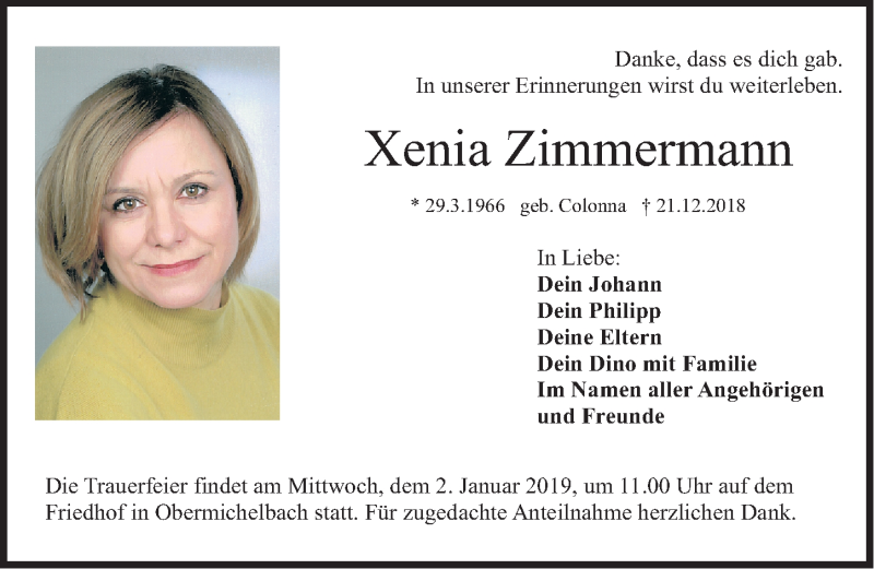  Traueranzeige für Xenia Zimmermann vom 29.12.2018 aus Gesamtausgabe Nürnberger Nachrichten/ Nürnberger Ztg.