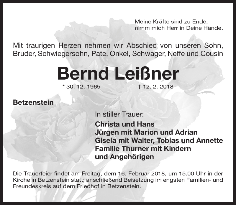  Traueranzeige für Bernd Leißner vom 15.02.2018 aus Gesamtausgabe Nürnberger Nachrichten/ Nürnberger Ztg.