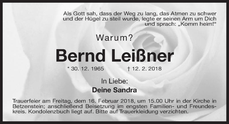  Traueranzeige für Bernd Leißner vom 15.02.2018 aus Gesamtausgabe Nürnberger Nachrichten/ Nürnberger Ztg.