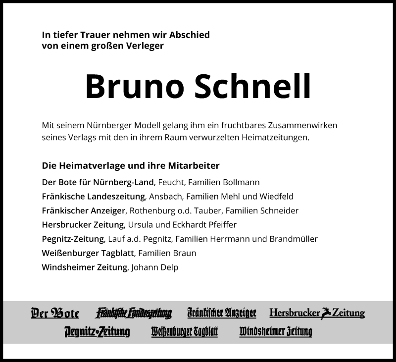  Traueranzeige für Bruno Schnell vom 07.02.2018 aus Gesamtausgabe Nürnberger Nachrichten/ Nürnberger Ztg.