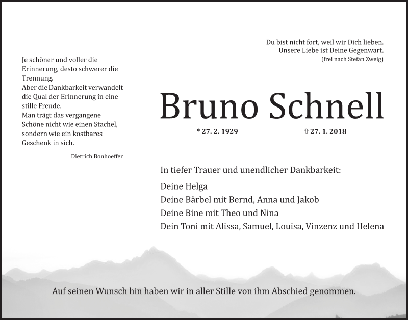  Traueranzeige für Bruno Schnell vom 03.02.2018 aus Gesamtausgabe Nürnberger Nachrichten/ Nürnberger Ztg.