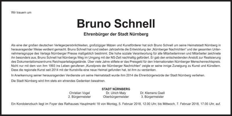  Traueranzeige für Bruno Schnell vom 03.02.2018 aus Gesamtausgabe Nürnberger Nachrichten/ Nürnberger Ztg.