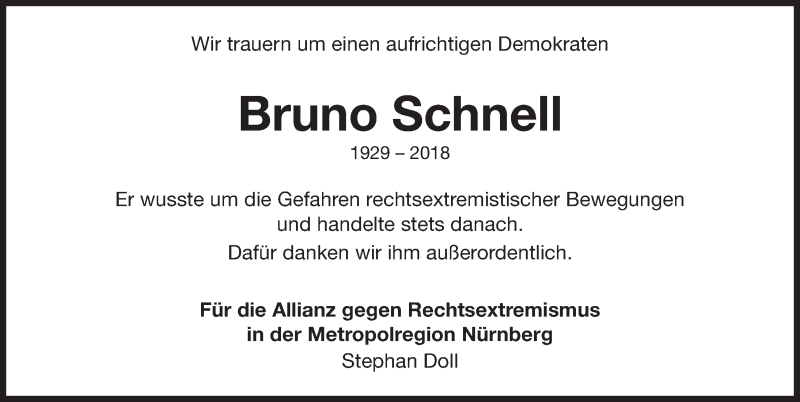  Traueranzeige für Bruno Schnell vom 08.02.2018 aus Gesamtausgabe Nürnberger Nachrichten/ Nürnberger Ztg.
