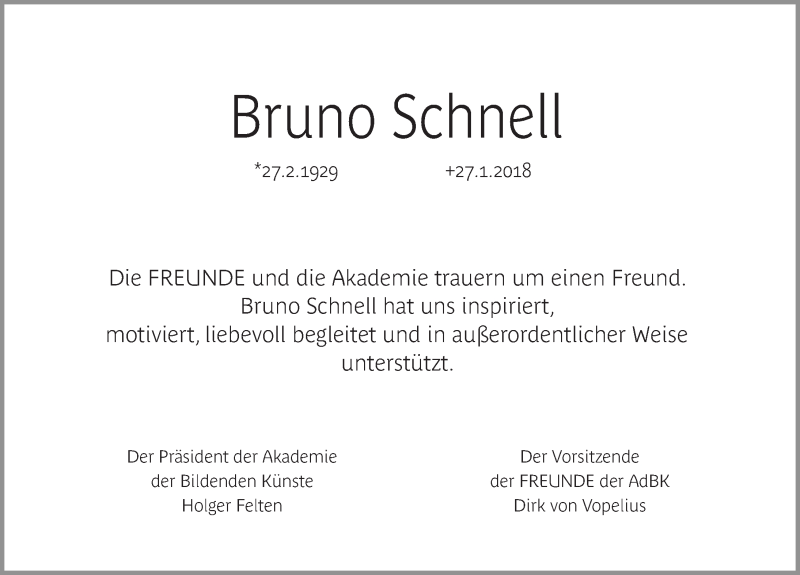  Traueranzeige für Bruno Schnell vom 06.02.2018 aus Gesamtausgabe Nürnberger Nachrichten/ Nürnberger Ztg.