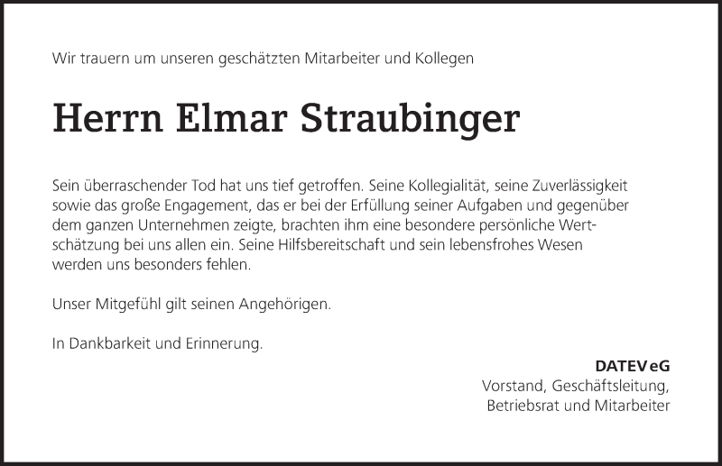  Traueranzeige für Elmar Straubinger vom 21.02.2018 aus Gesamtausgabe Nürnberger Nachrichten/ Nürnberger Ztg.