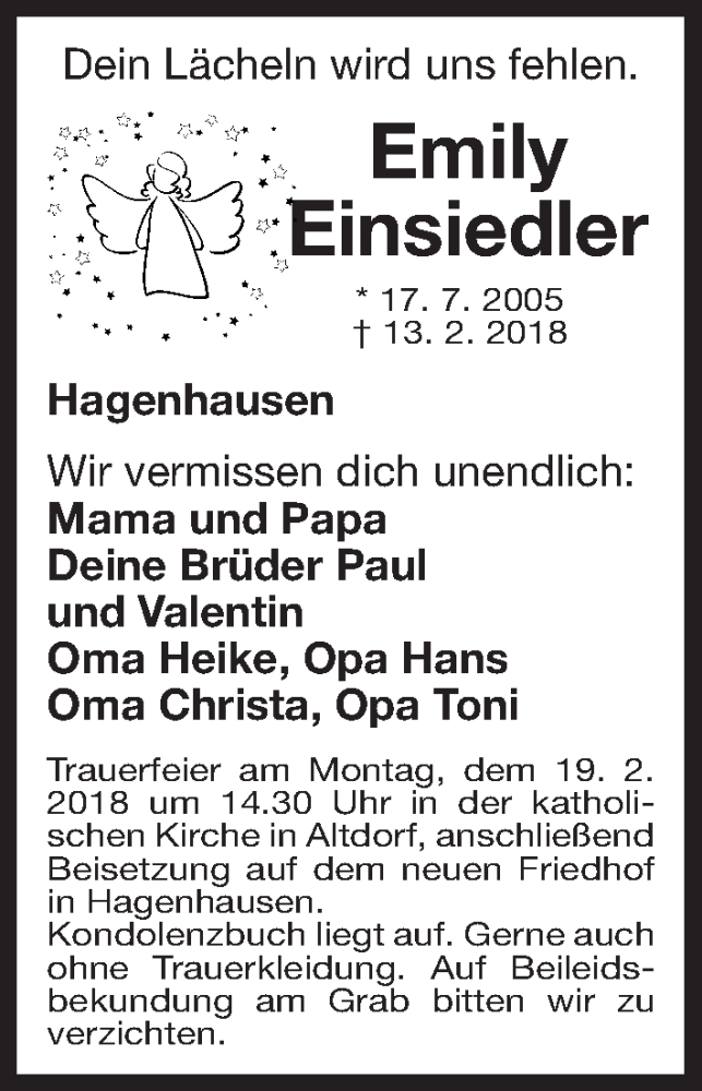  Traueranzeige für Emily Einsiedler vom 17.02.2018 aus Gesamtausgabe Nürnberger Nachrichten/ Nürnberger Ztg.