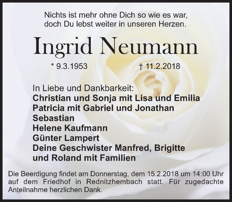  Traueranzeige für Ingrid Neumann vom 13.02.2018 aus Roth-Hilpoltsteiner Volkszeitung Lokal