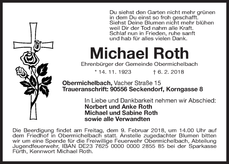  Traueranzeige für Michael Roth vom 07.02.2018 aus Fürther Nachrichten Lokal