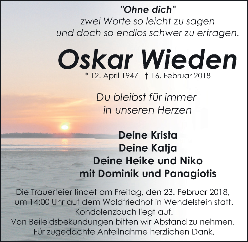  Traueranzeige für Oskar Wieden vom 20.02.2018 aus Schwabach