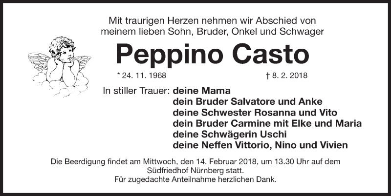  Traueranzeige für Peppino Casto vom 13.02.2018 aus Gesamtausgabe Nürnberger Nachrichten/ Nürnberger Ztg.