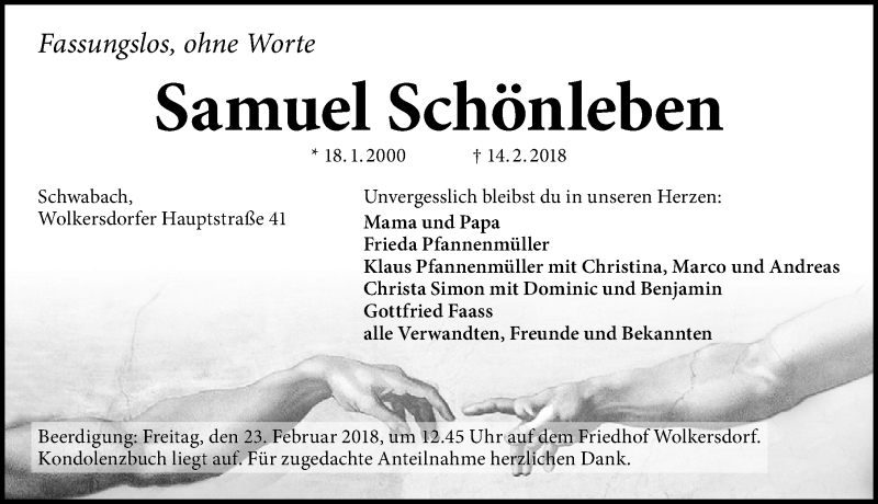  Traueranzeige für Samuel Schönleben vom 21.02.2018 aus Schwabach