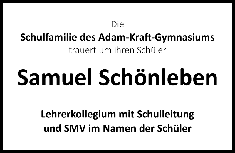  Traueranzeige für Samuel Schönleben vom 22.02.2018 aus Schwabach