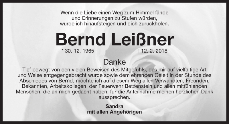  Traueranzeige für Bernd Leißner vom 03.03.2018 aus Gesamtausgabe Nürnberger Nachrichten/ Nürnberger Ztg.