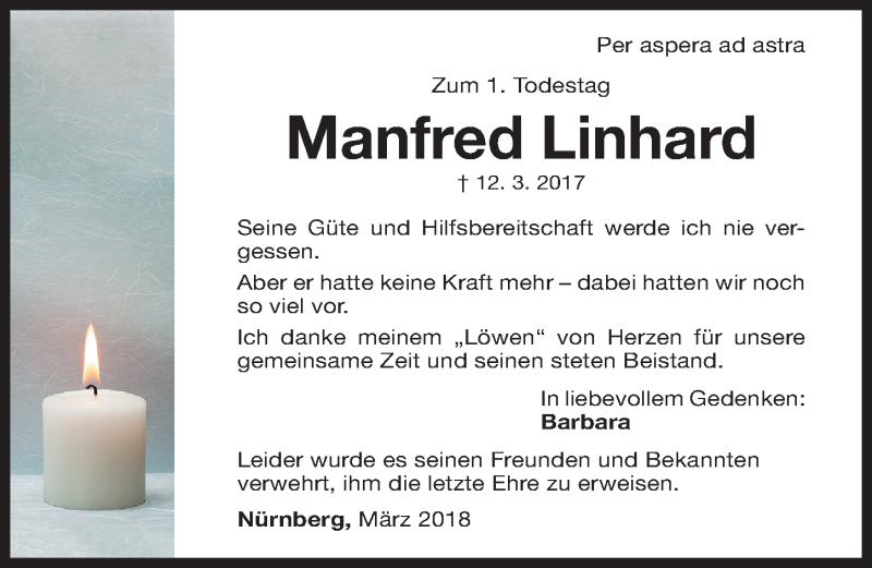  Traueranzeige für Manfred Linhard vom 12.03.2018 aus Gesamtausgabe Nürnberger Nachrichten/ Nürnberger Ztg.