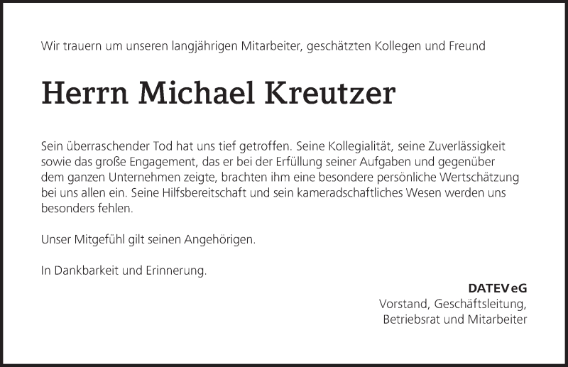  Traueranzeige für Mike Kreutzer vom 06.03.2018 aus Gesamtausgabe Nürnberger Nachrichten/ Nürnberger Ztg.