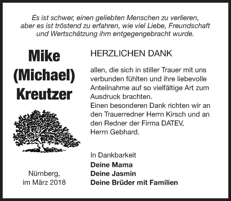  Traueranzeige für Mike Kreutzer vom 13.03.2018 aus Gesamtausgabe Nürnberger Nachrichten/ Nürnberger Ztg.