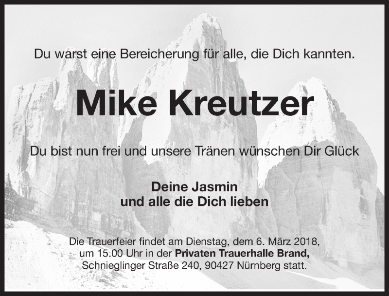  Traueranzeige für Mike Kreutzer vom 03.03.2018 aus Gesamtausgabe Nürnberger Nachrichten/ Nürnberger Ztg.