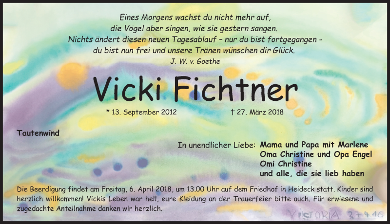  Traueranzeige für Vicki Fichtner vom 31.03.2018 aus Roth-Hilpoltsteiner Volkszeitung Lokal