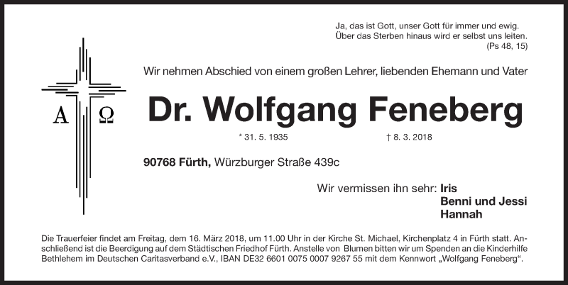  Traueranzeige für Wolfgang Feneberg vom 14.03.2018 aus Gesamtausgabe Nürnberger Nachrichten/ Nürnberger Ztg.