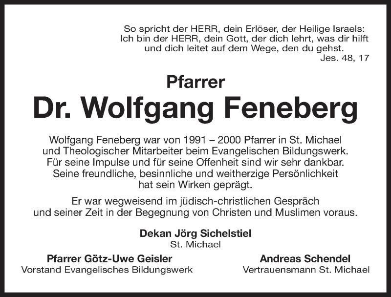  Traueranzeige für Wolfgang Feneberg vom 14.03.2018 aus Gesamtausgabe Nürnberger Nachrichten/ Nürnberger Ztg.