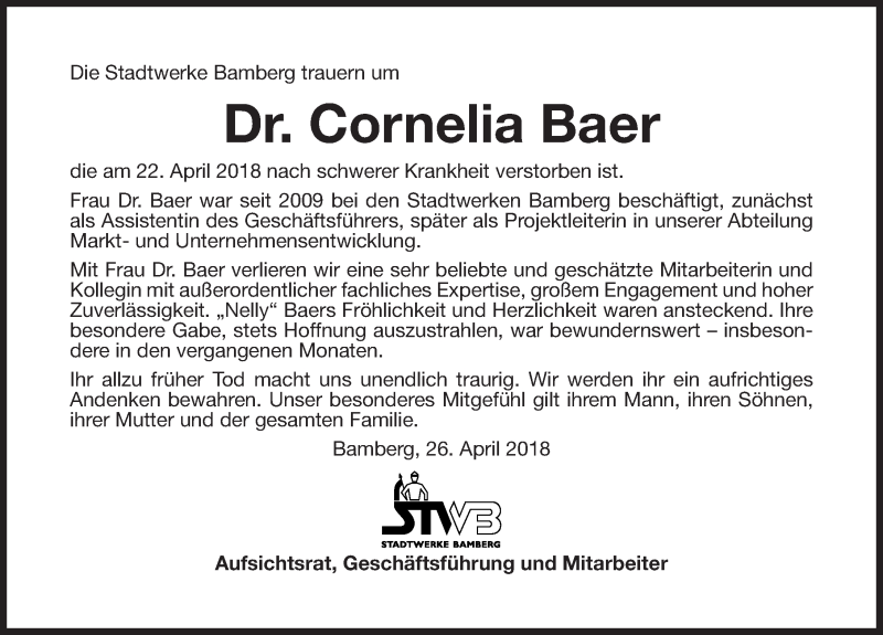  Traueranzeige für Cornelia Baer vom 26.04.2018 aus Nordbayerische Nachrichten Herzogenaurach Lokal