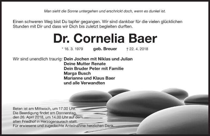  Traueranzeige für Cornelia Baer vom 25.04.2018 aus Roth-Hilpoltsteiner Volkszeitung Lokal