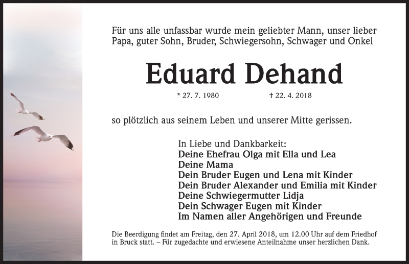  Traueranzeige für Eduard Dehand vom 25.04.2018 aus Erlanger Nachrichten Lokal
