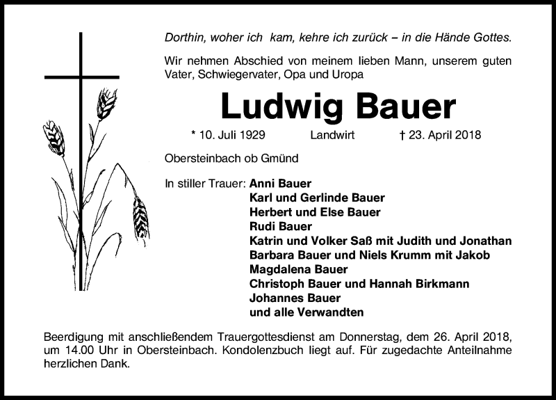  Traueranzeige für Ludwig Bauer vom 25.04.2018 aus Schwabach