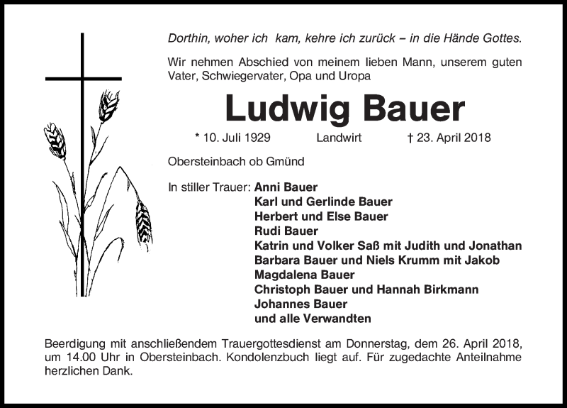  Traueranzeige für Ludwig Bauer vom 25.04.2018 aus Roth-Hilpoltsteiner Volkszeitung Lokal