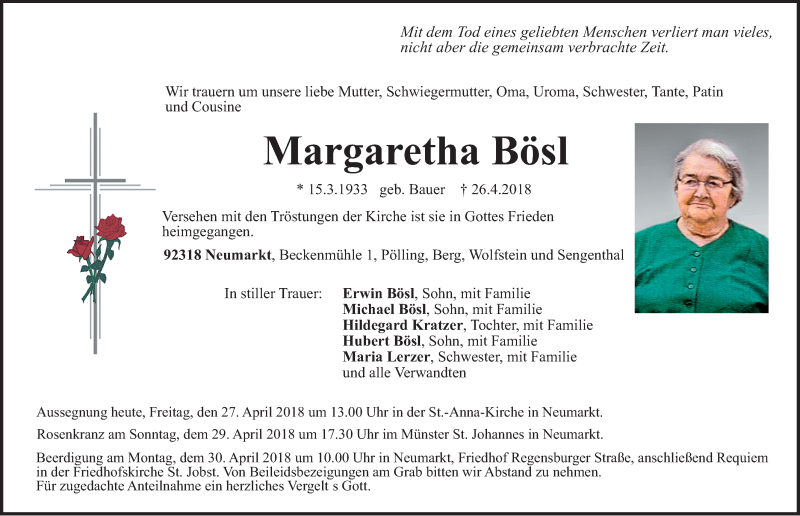  Traueranzeige für Margaretha Bösl vom 27.04.2018 aus Neumarkter Nachrichten Lokal