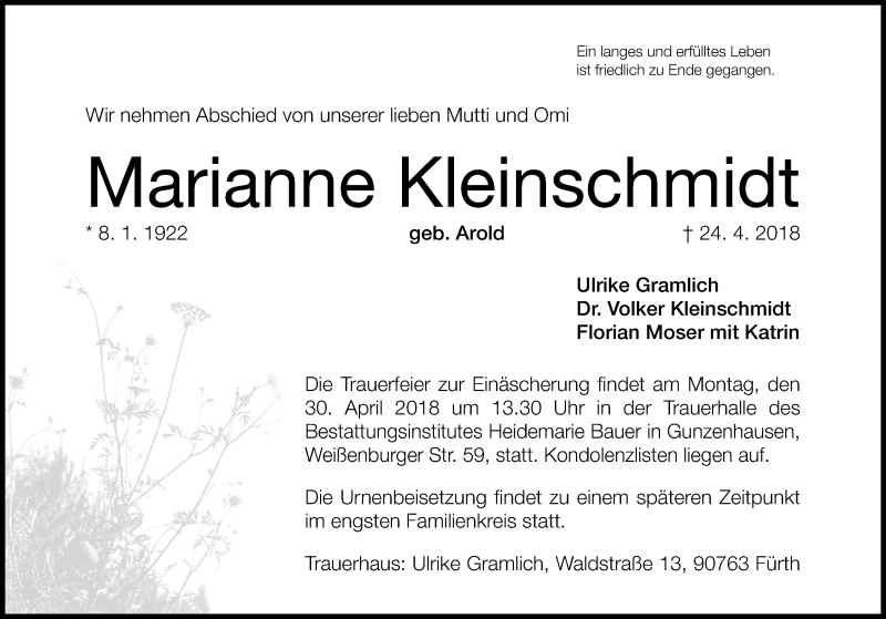  Traueranzeige für Marianne Kleinschmidt vom 27.04.2018 aus Altmühl-Bote Lokal