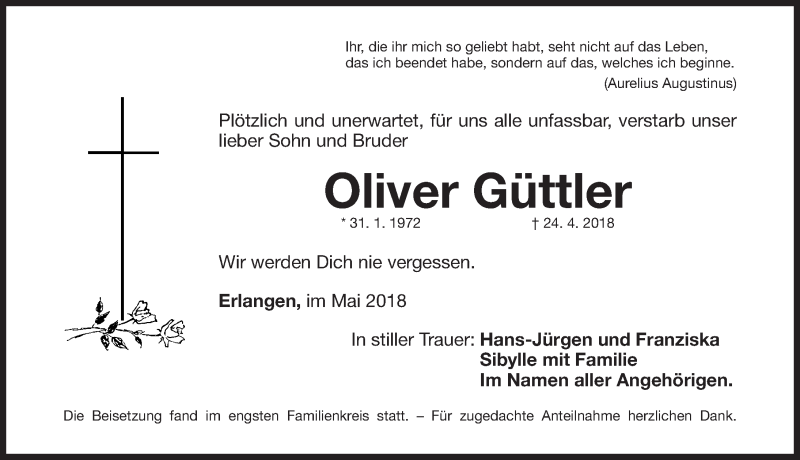  Traueranzeige für Oliver Güttler vom 01.05.2018 aus Erlanger Nachrichten Lokal