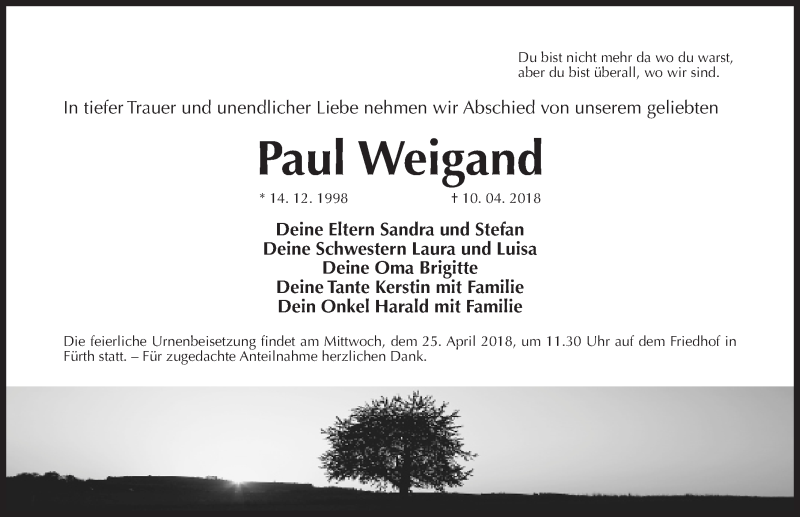  Traueranzeige für Paul Weigand vom 21.04.2018 aus Fürther Nachrichten Lokal