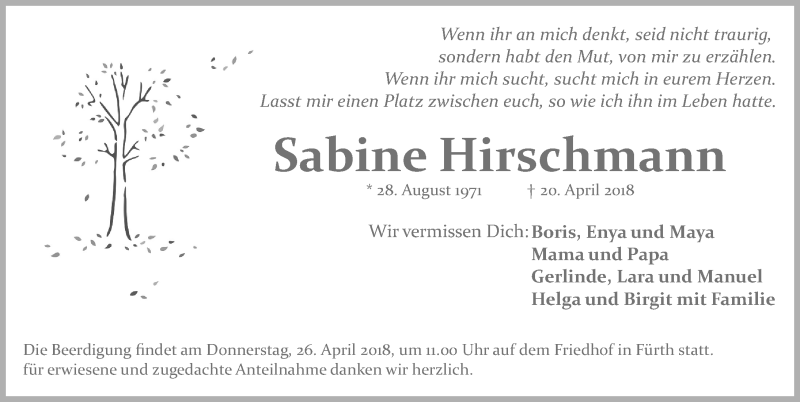  Traueranzeige für Sabine Hirschmann vom 23.04.2018 aus Fürther Nachrichten Lokal