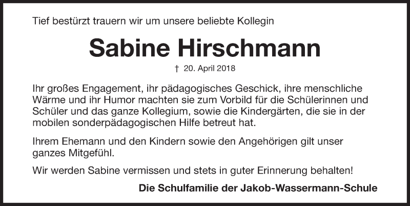  Traueranzeige für Sabine Hirschmann vom 25.04.2018 aus Fürther Nachrichten Lokal