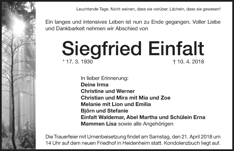  Traueranzeige für Siegfried Einfalt vom 19.04.2018 aus Altmühl-Bote Lokal