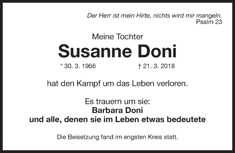  Traueranzeige für Susanne Doni vom 26.04.2018 aus Gesamtausgabe Nürnberger Nachrichten/ Nürnberger Ztg.