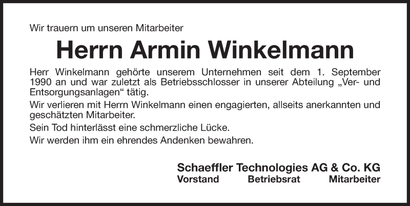  Traueranzeige für Armin Winkelmann vom 18.05.2018 aus Nordbayerische Nachrichten Herzogenaurach Lokal