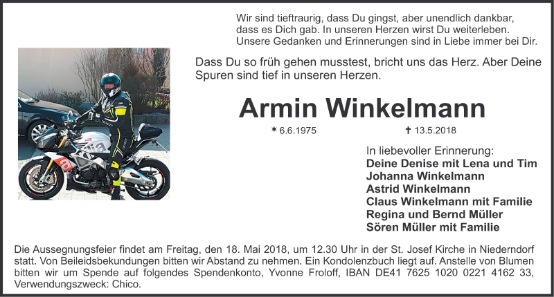  Traueranzeige für Armin Winkelmann vom 16.05.2018 aus Nordbayerische Nachrichten Herzogenaurach Lokal