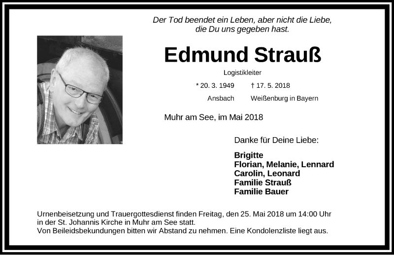  Traueranzeige für Edmund Strauß vom 22.05.2018 aus Gesamtausgabe Nürnberger Nachrichten/ Nürnberger Ztg.